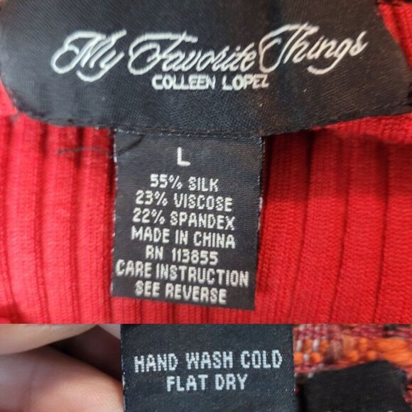 My Favorite Things Red Ribbed Silk Cardigan Jacket L Plaid Tweed Collar Cuffs - Picture 3 of 15